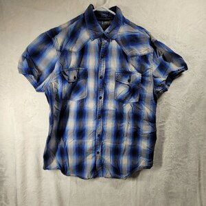 DECREE Men's Short Sleeve Button Down Blue Plaid Shirt L